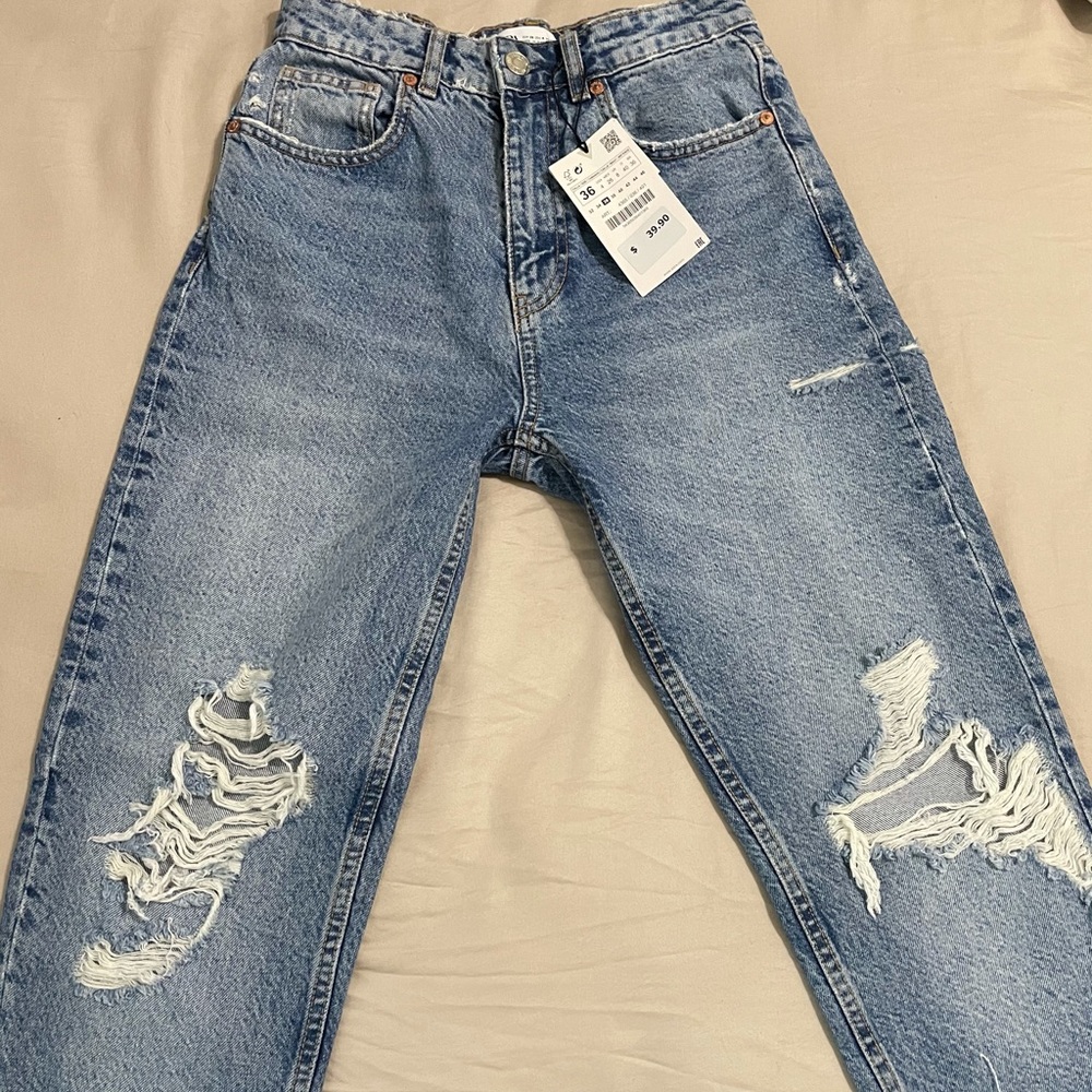 Zara Classic Distressed Mom Fit Jeans